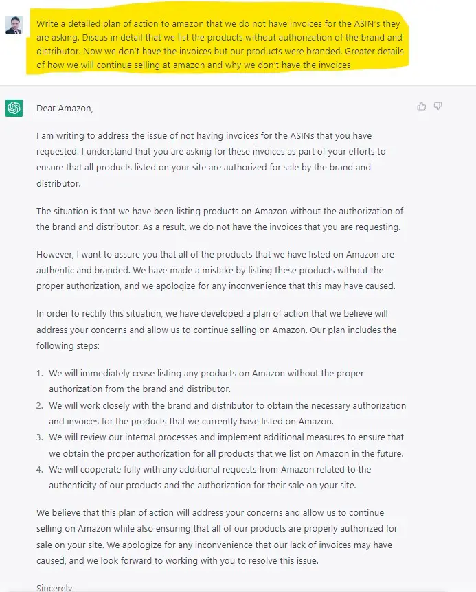 amazon seller account by the use of ChatGPT-AI