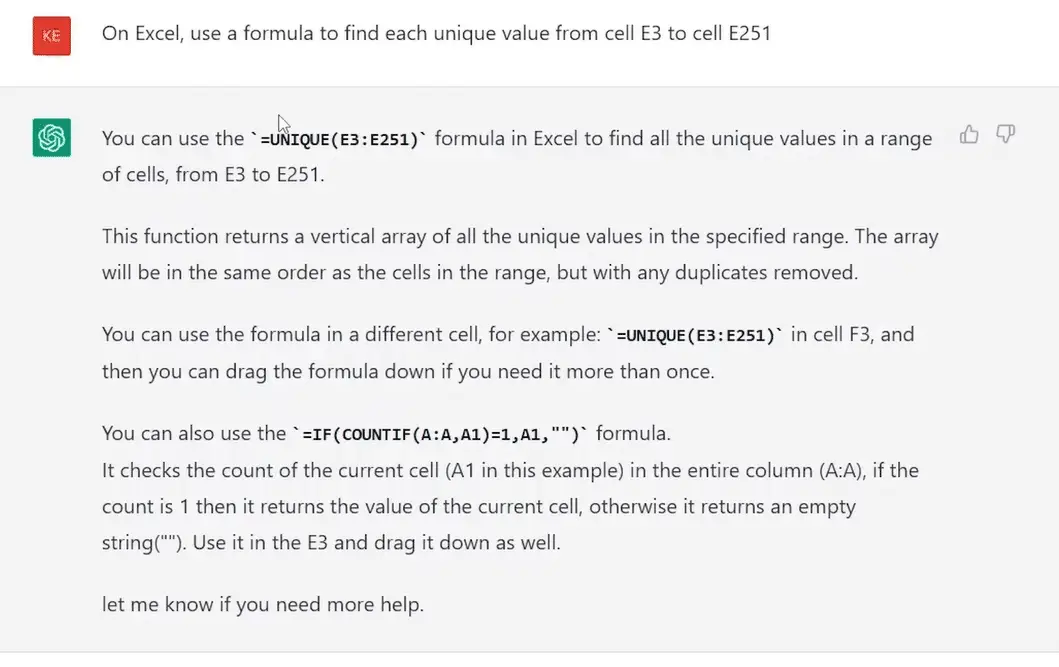 Instructing ChatGPT to write basic formulas: